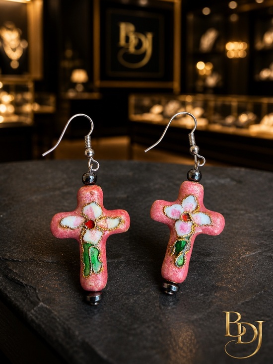 Jewelry - Cloisonné Cross Earrings | Pink Floral Boho Dangle Statement Pair